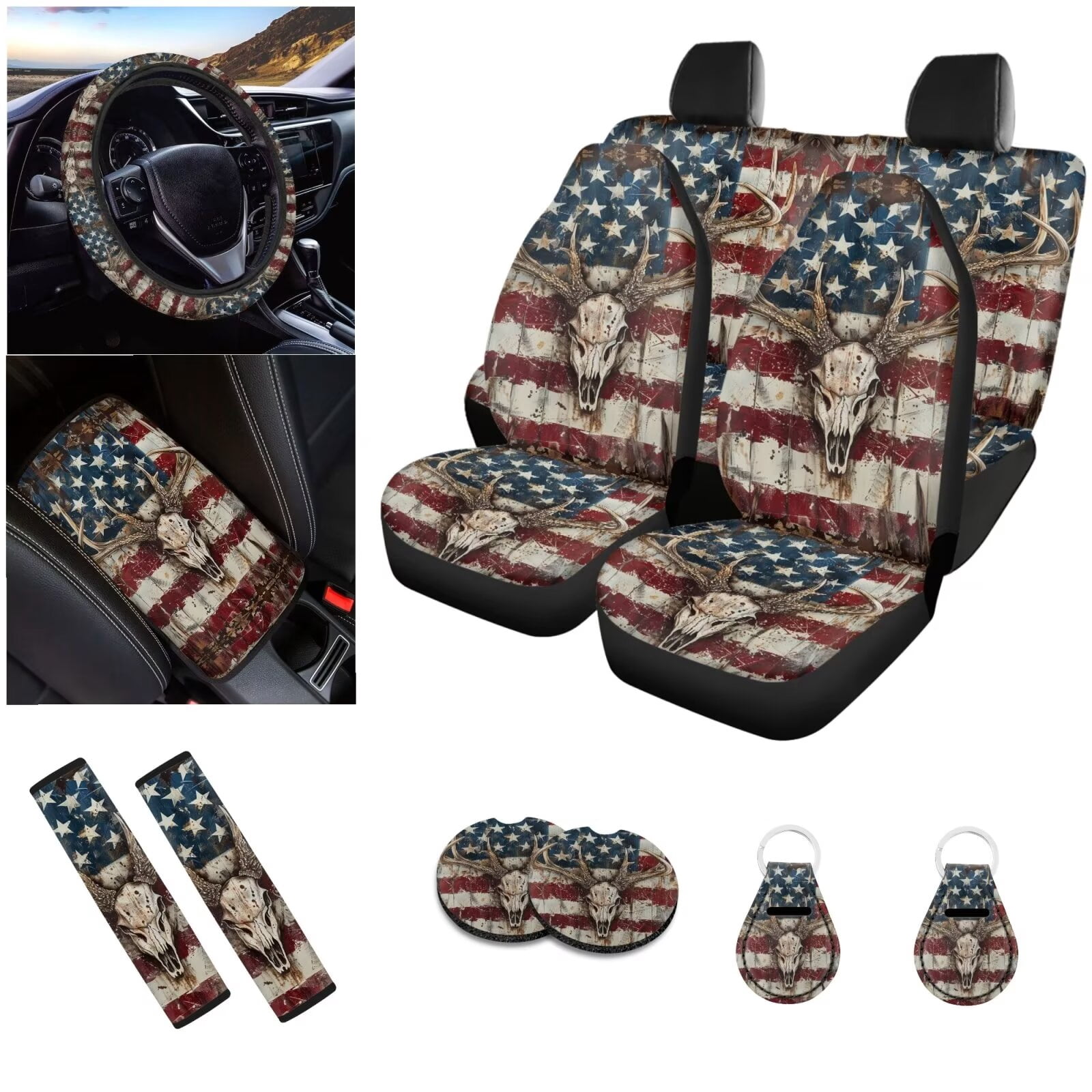 LedBack 12 Piece Deer Printed Car Seat Covers Full Set for Women Men, American Flag Steering Wheel Cover Seatbelt Soft Front Rear Seat Backrest Bottom Universal Fit Cars SUVs Seden