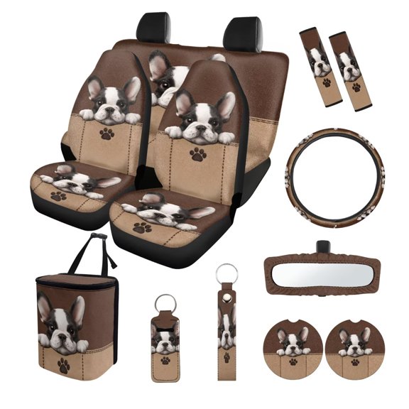 LedBack 13Pcs Car Seat Covers Full Set Boston Terrier Print Car Front Rear Seat Covers with Steering Wheel Cover+Safety Belt Pads+Rearview Mirror Cover+Garbage Bag, etc, Easy to Install