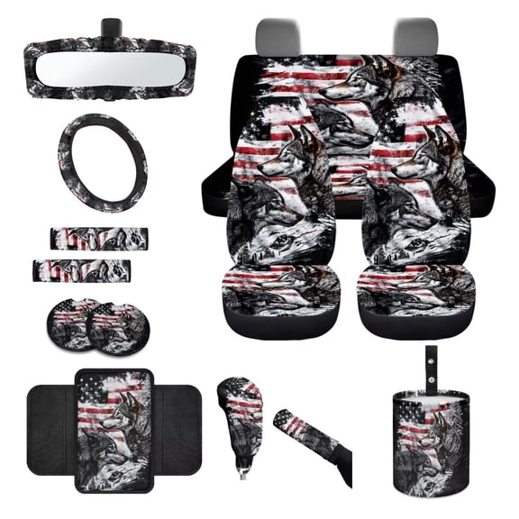 LedBack 14 Pack Car Interior Cover Set Wolf American Flag Print Car Front and Rear Seat Covers Steering Wheel Cover Center Console Pad Safety Belt Pads Rear View Mirror Protector