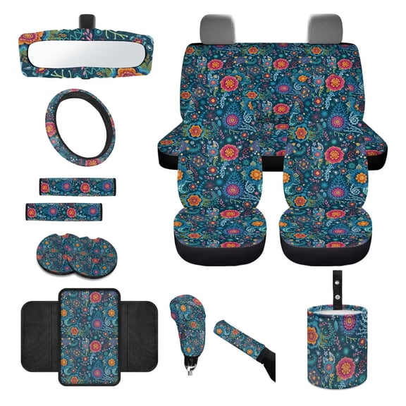 LedBack 14 Pieces Car Seat Cover Sets Full Set Hippie Flower Print Front and Rear Split Bench Seat Covers with Steering Wheel Cover Center Console Pad Safety Belt Pads, Easy to Install