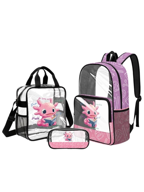 3 Pcs Axolotl Print Transparent Backpack with Clear Lunch Bag Pencil Case Waterproof School Backpack for Girls 8-12 Kids Bookbag Set for Back to School, Purple and Pink