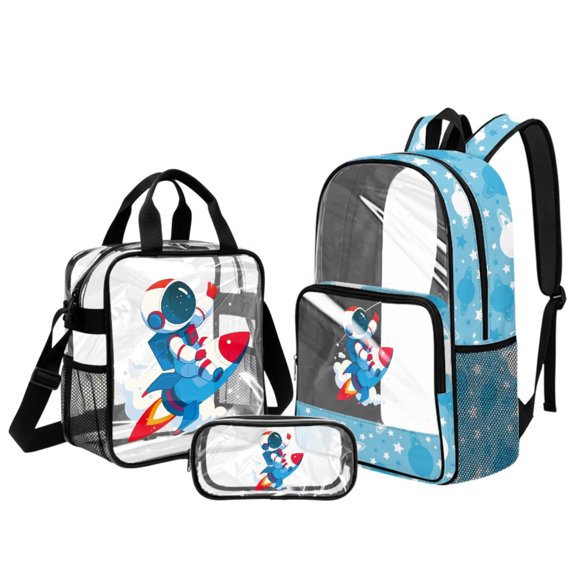 LedBack 3 Pcs Waterproof Pvc Backpacks for Boys Astronaut Planet Printed Clear School Backpack with Lunch Bag Pencil Case for Kids Back to School, Blue