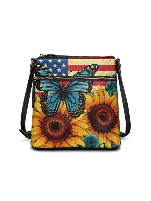 American Flag Butterfly Women Crossbody Hobo Bag Satchel Purse Handbag with Adjustable Shoulder Strap, Portable Leather Shoulder Handbag Messenger Bag for Work Shopping, Orange