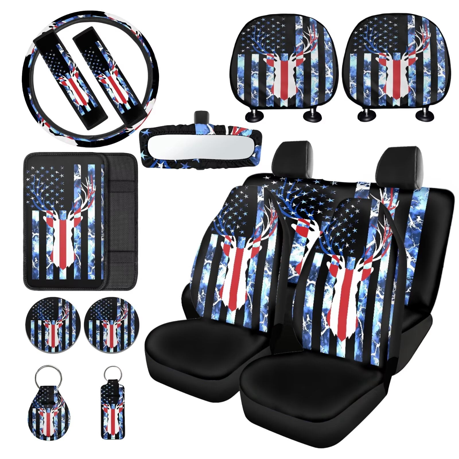 LedBack American Flag Car Seat Cover Full Set Deer Printed Steering Wheel Covers Armrest Pads Covers Waterproof Lipstick Holder Keychains Car Coaster Decorative Car Accessories Set, 15 Pieces