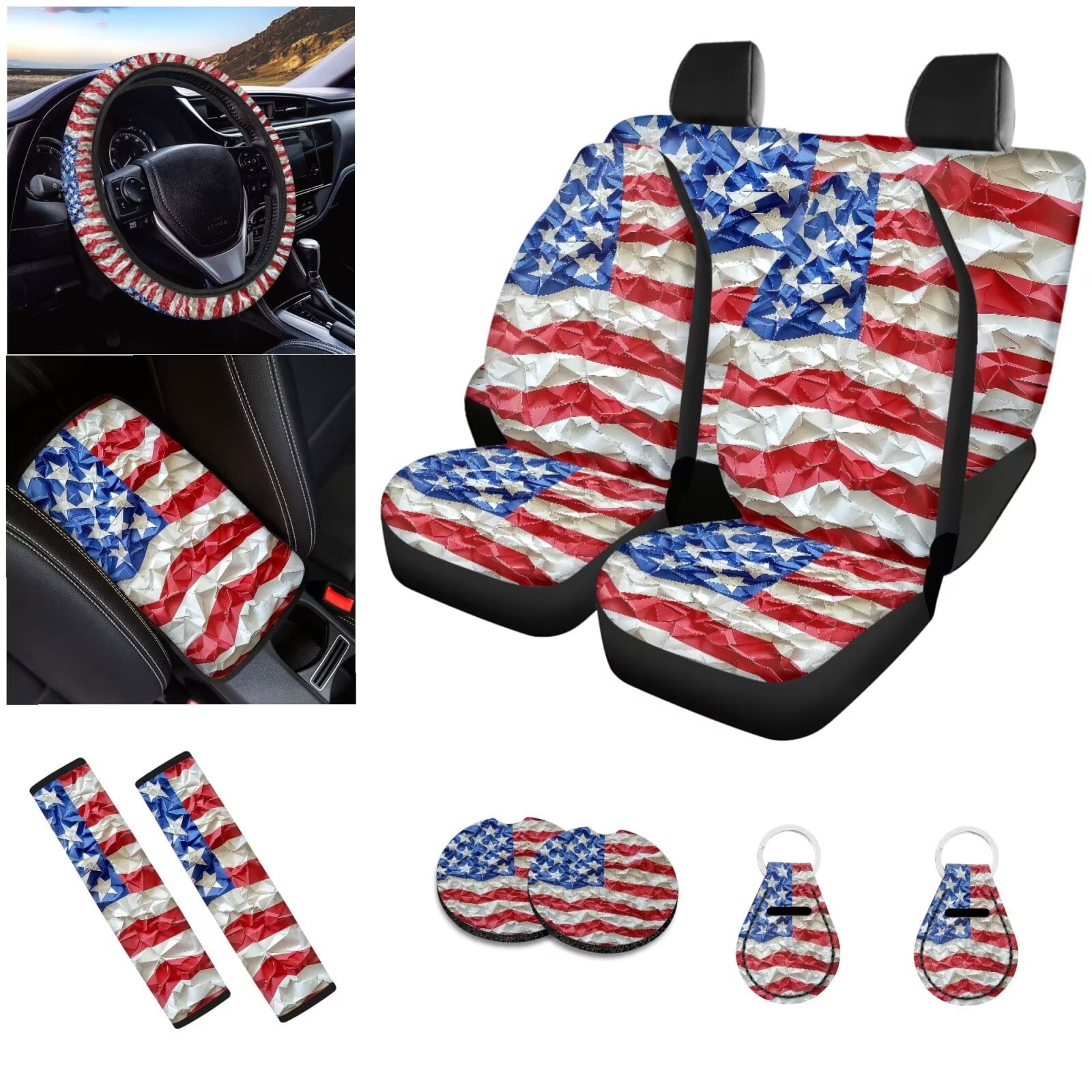 LedBack American Flag Car Seat Cover Full Set for Women Men, Non Slip Seat Covers with Steering Wheel Cover Armrest Pads Seat Belt Cover Coaster Universal Fits Most Vehicles Car Accessories