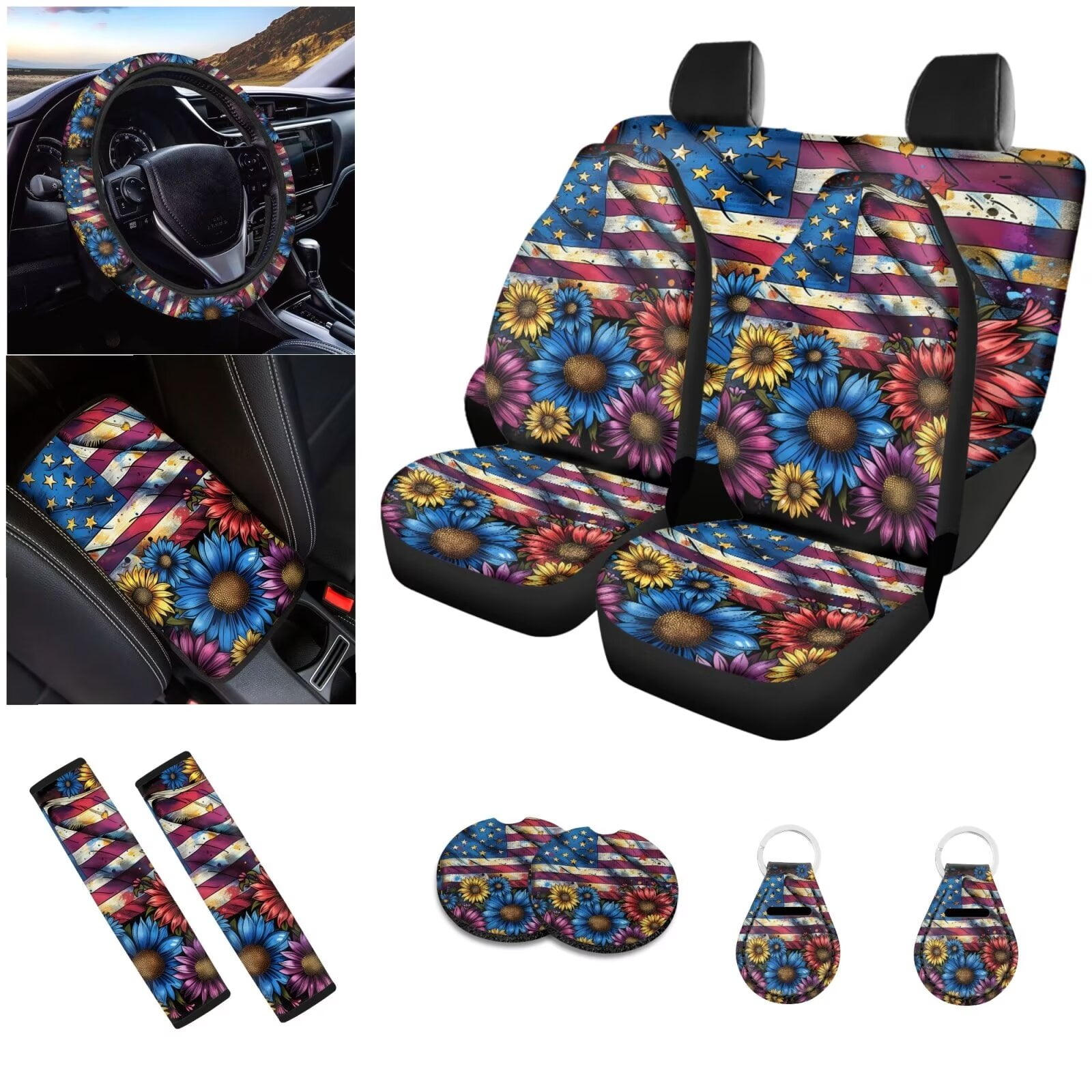 LedBack American Flag Car Seat Covers Full Set for Car Interior Decor, Soft Front Rear Seat Backrest Bottom Universal Fits Car SUV Sedan Truck, Non Slip Car Seat Covers 12 Pack
