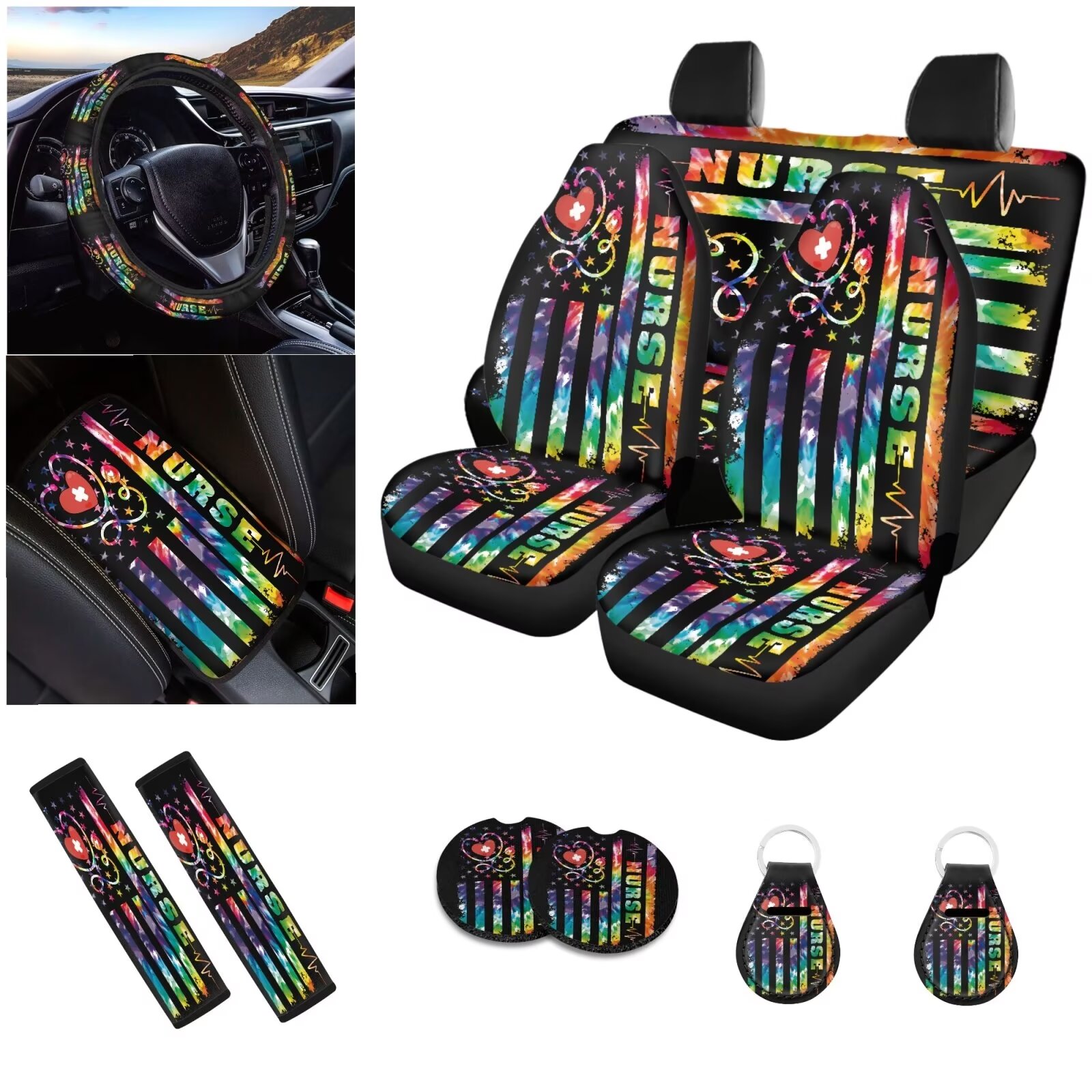 LedBack American Flag Car Seat Covers Full Set Tie Dye Front and Back Seats Protectors Covers with Steering Wheel Cover Seat Belt Cover Cup Holder Coasters Keychain Universal for SUV Truck Sedan