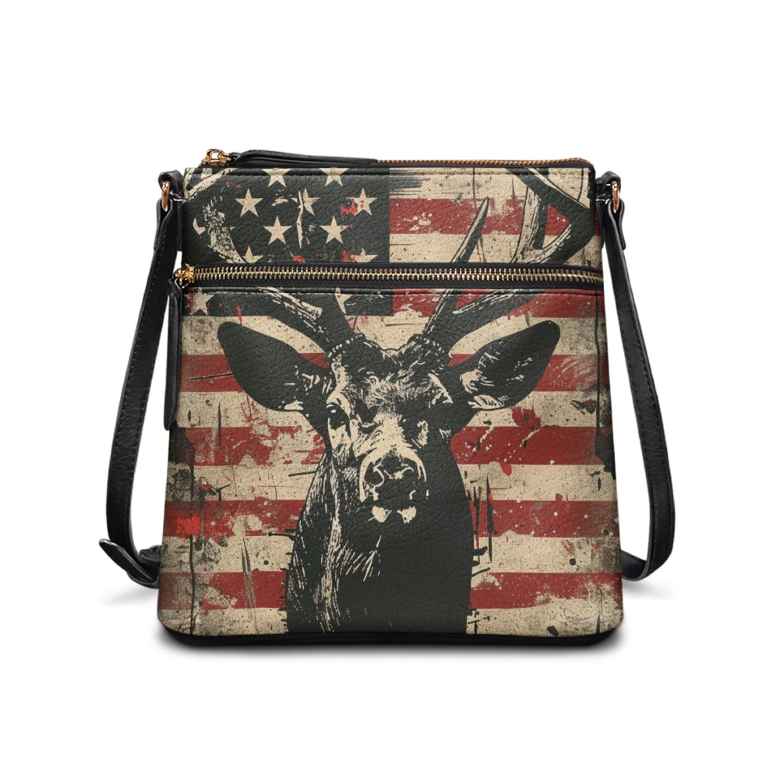 LedBack American Flag Deer Print Leather Satchel Bags for Women Medium Size Shoulder Handbag with Adjustable Strap, Crossbody Hobo Bag Multi Pocket Purse for Travel Work, Red
