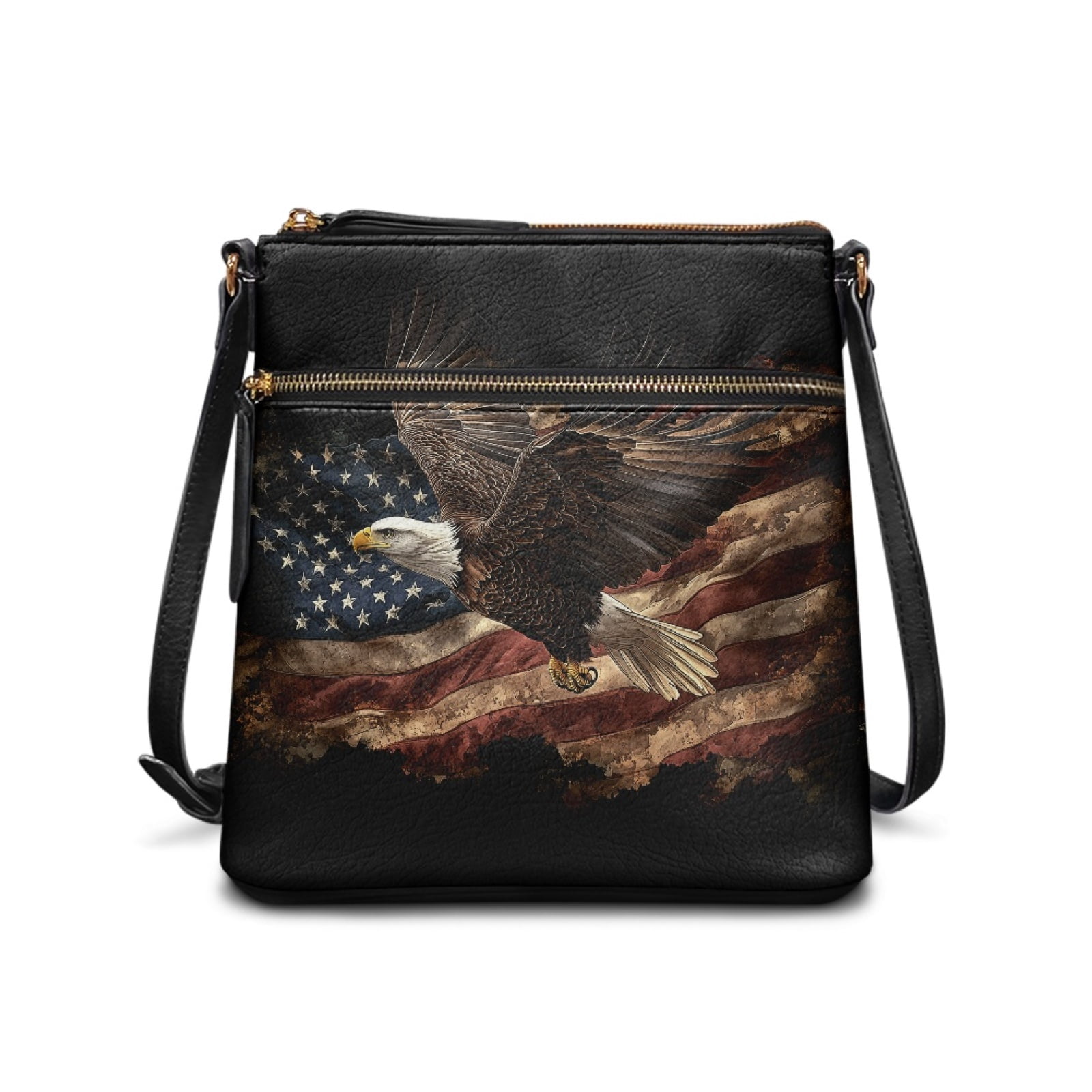 LedBack American Flag Eagle Crossbody Purse for Women Leather Satchel Purse Zipper Shoulder Handbag Purse with Adjustable Strap Portable Hobo Bag for Shopping Travel, Black