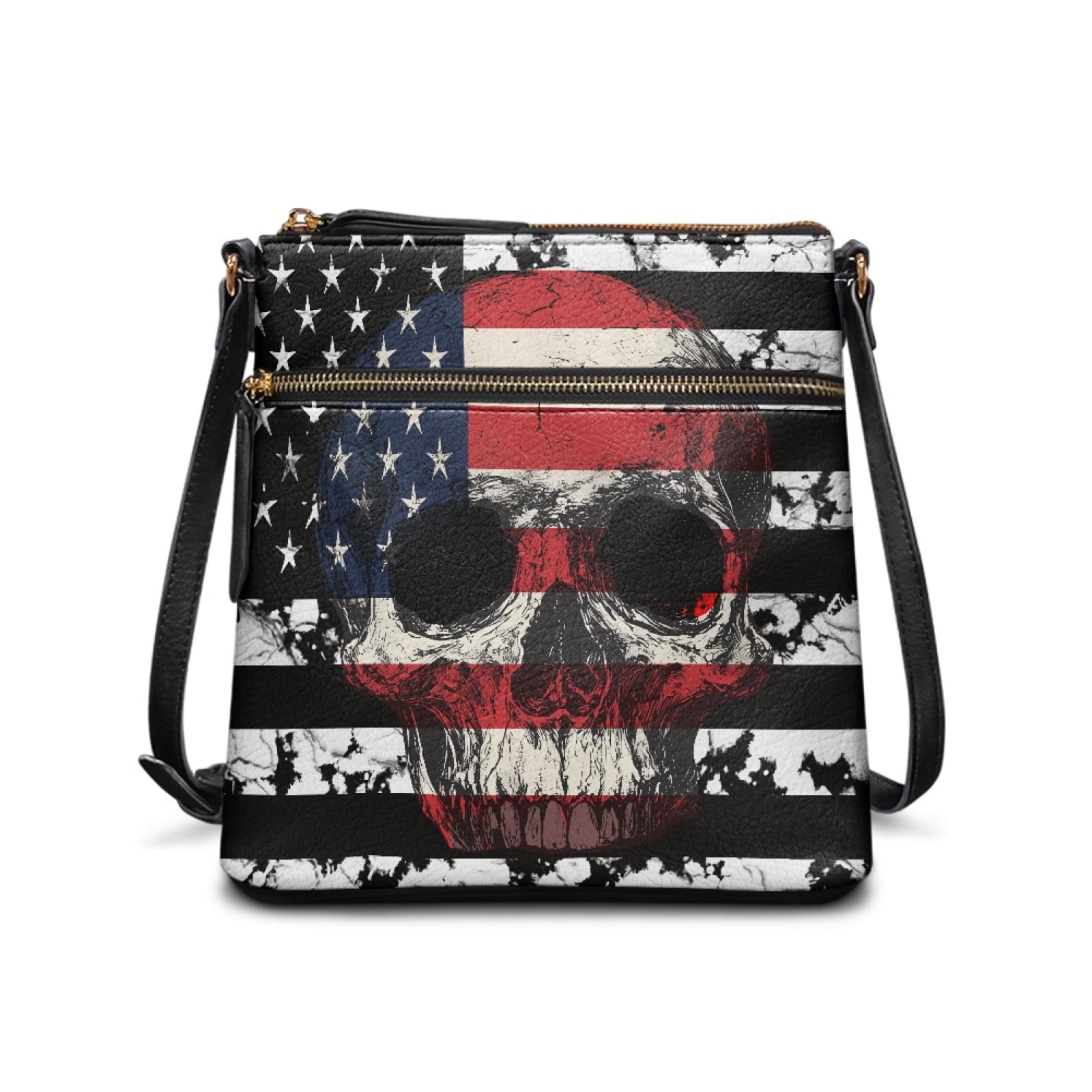LedBack American Flag Skull Women Crossbody Satchel Handbag Leather Shoulder Bag with Adjustable Strap, Medium Size Messenger Purse Hobo Purse for Shopping Work, Blue