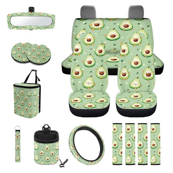 LedBack Avocado Print 15Pcs Car Interior Cover Set Includes Car Seat Covers Front and Back Full Set Steering Wheel Cover Safety Belt Pads Rear View Mirror Protector Cup Mats, Green