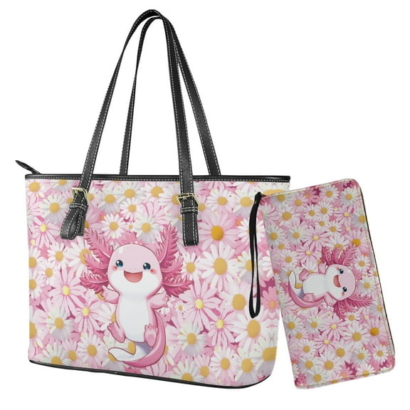 LedBack Axolotl Daisy Print Leather Purses for Women Top Handle Shoulder Bag Wristlet Leather Wallet Zipper Handbag and Purse Set for Travel