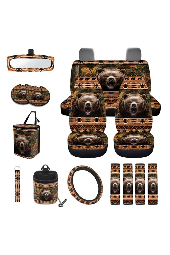 Aztec Bear Print Auto Seat Covers Full Set of 15, Including Car Front Rear Seat Covers with Steering Wheel Cover Safety Belt Pads Rearview Mirror Cover Cup Coasters Key Chain
