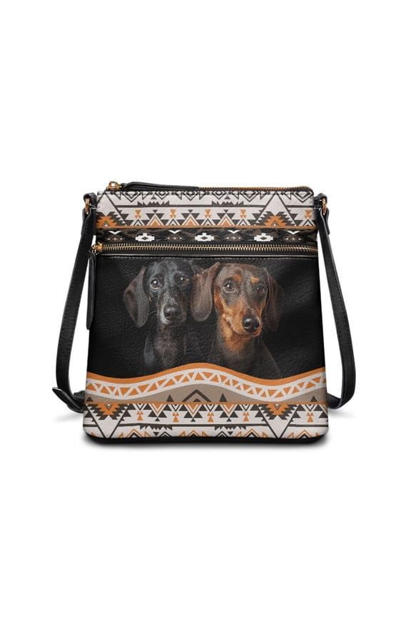 Aztec Dachshund Women Crossbody Bags Hobo Purse with Adjustable Strap, Leather Zipper Shoulder Handbag Satchel Bag Sling Messenger Bag for Travel Shopping, Orange