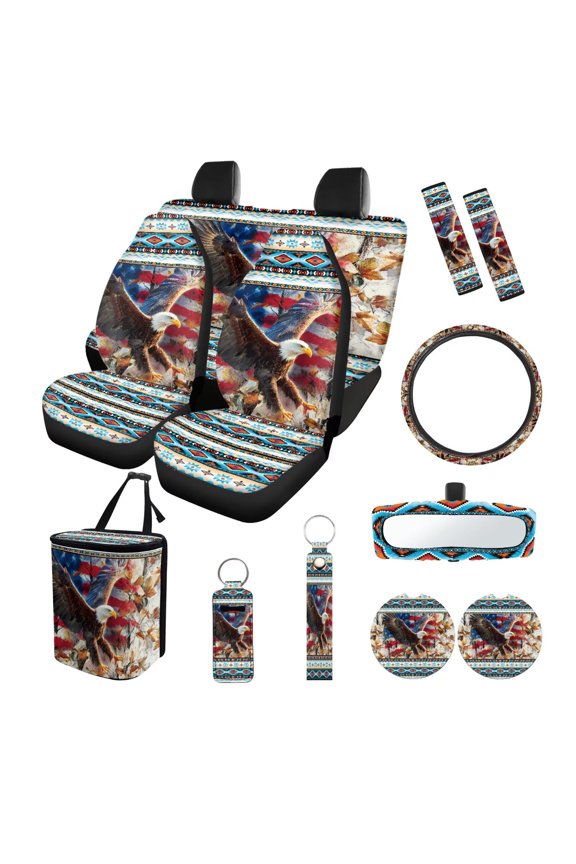 Aztec Eagle Print Car Seat and Steering Wheel Cover Set American Flag Print Car Front Rear Seat Covers Safety Belt Pads Rearview Mirror Cover Trash Bag Cup Coasters Key Chain