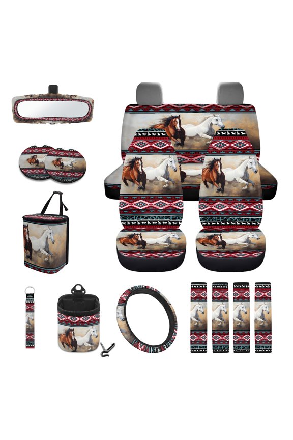 Aztec Horse Print Car Seat Cover Sets Full Set for Women Men High Back Car Front Rear Seat Covers with Steering Wheel Cover Safety Belt Pads Rear View Mirror Protector for Most Cars
