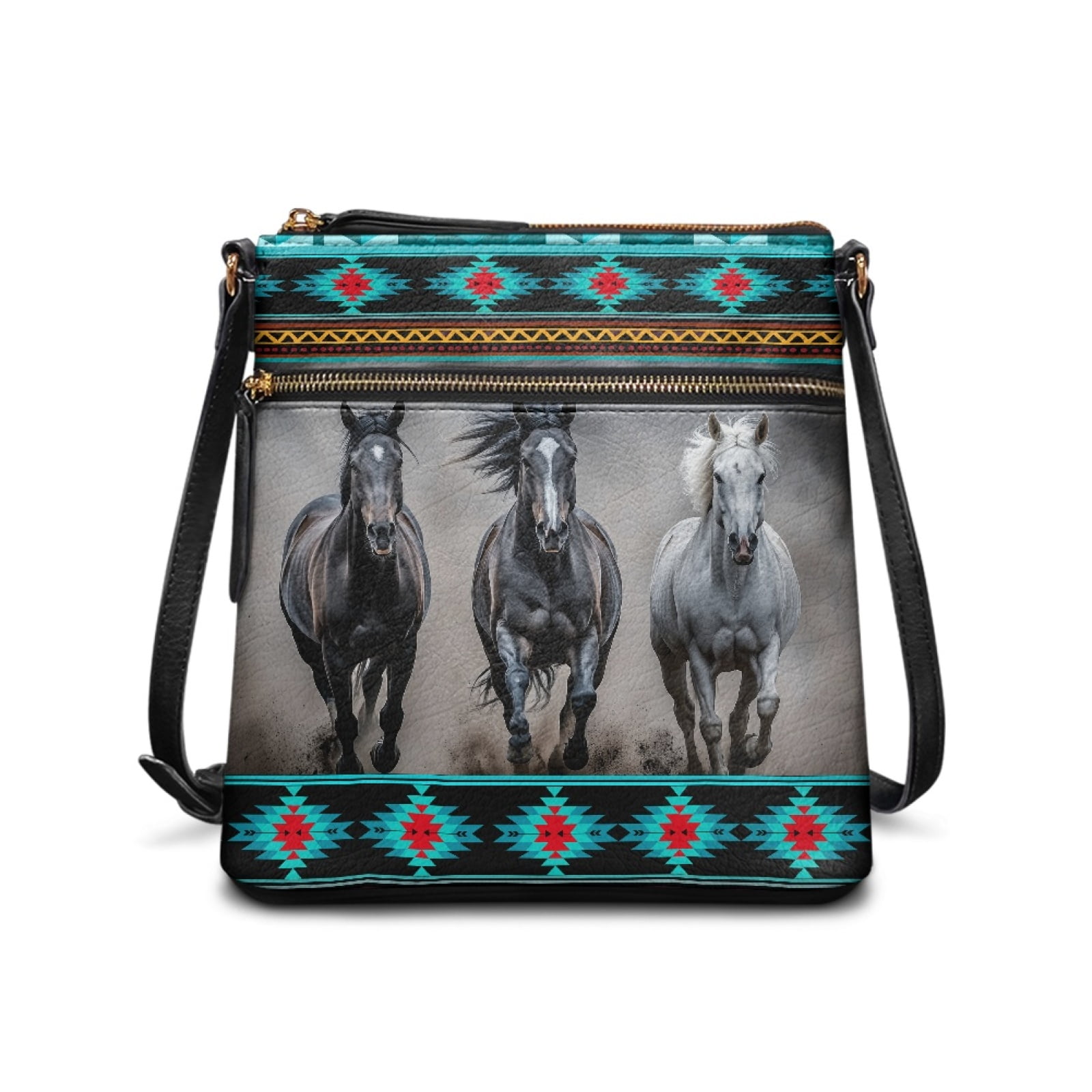 LedBack Aztec Horse Print Leather Women Hobo Bag Crossbody Satchel Purse with Adjustable Strap, Portable Sling Shoulder Purse Handbag Messenger Bag for Shopping Travel, Blue and Grey