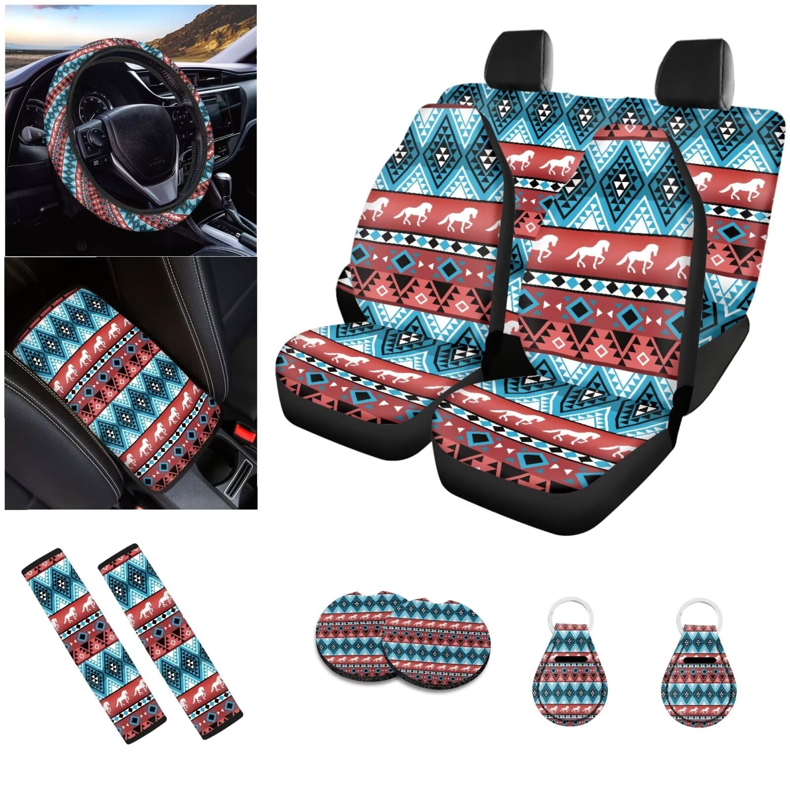 LedBack Aztec Najavo Car Seat Covers Full Set Breathable Horse Printed Car Front & Rear Seat Cover Soft Washable Steering Wheel Cover Armrest Pads Seat Belt Cover Coaster, Car Accessories Set