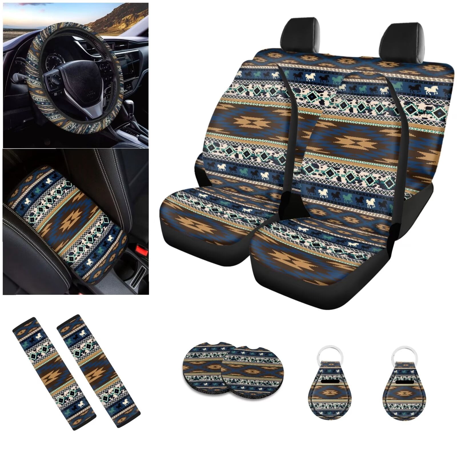 LedBack Aztec Southwest Car Seat Cover Full Set for Women Men, Horse Print Universal Car Accessories Non Slip Steering Wheel Covers Soft Armrest Pads Seat Belt Cover Coaster for Cars Trucks SUVs