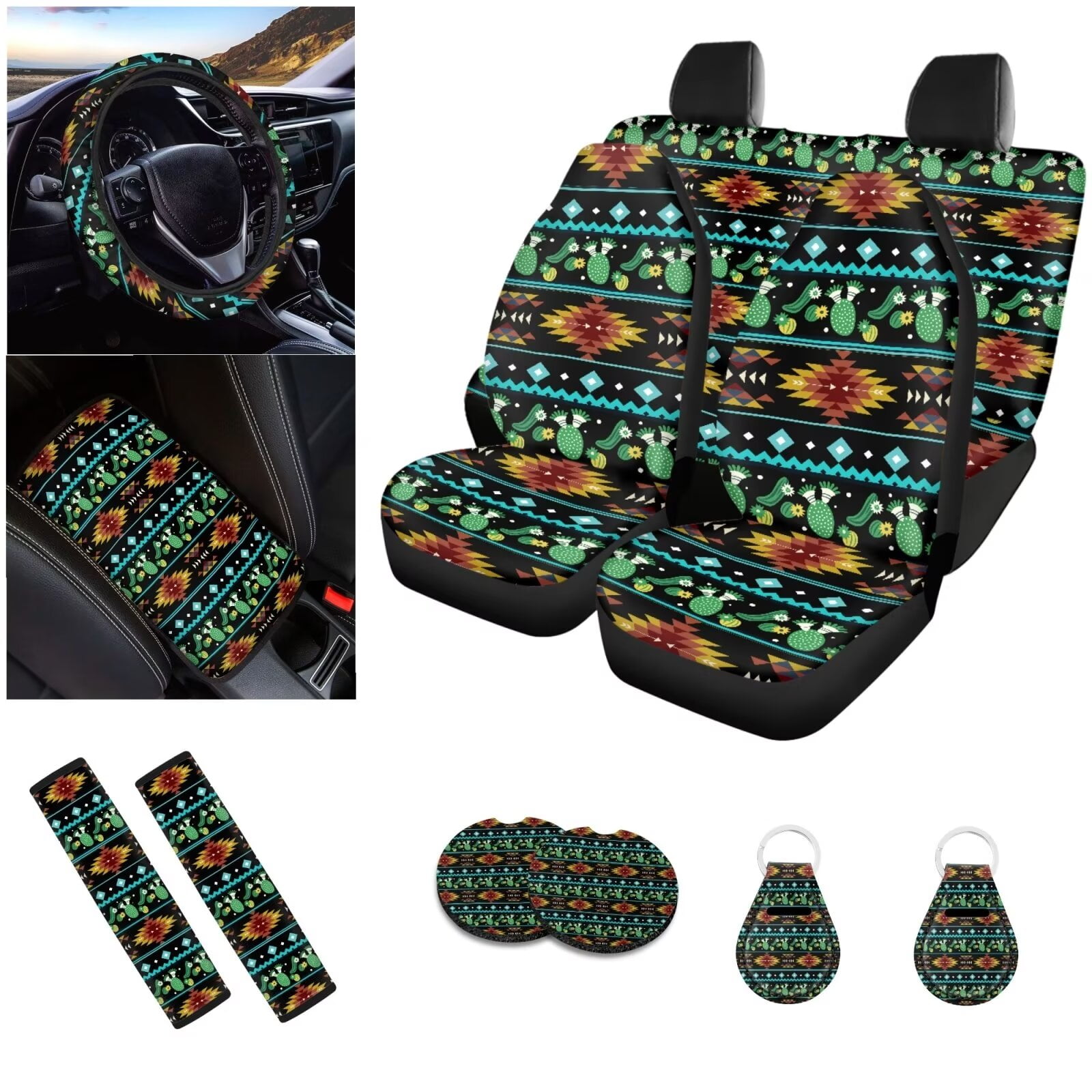 LedBack Aztec Southwest Car Seat Covers Full Set 12 Piece, Easy Install Car Accessories Set Breathable Cactus Steering Wheel Cover Car Armrest Pad Cover Car Armrest Pad Cover for Women Men