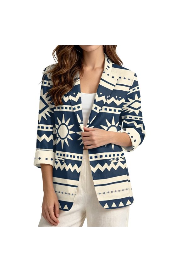 Aztec Sun Print Blazers for Women 3/4 Sleeve Linen-Style Suit Blazer Jacket with 2 Pockets for Spring Summer Autumn, 3XL