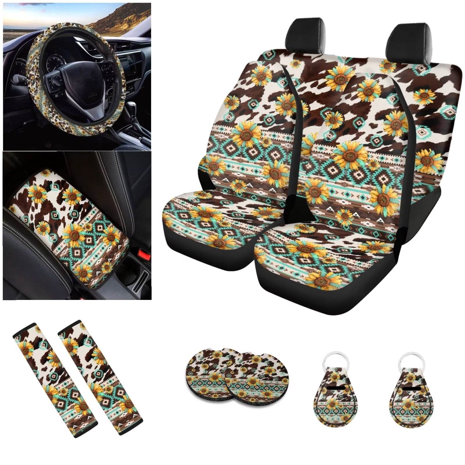 LedBack Aztec Sunflower Car Seat Covers Full Set Breathable Car Accessories Set Cow Print Steering Wheel Cover Armrest Pads Seat Belt Cover Coaster Keychain, Set of 12, Brown