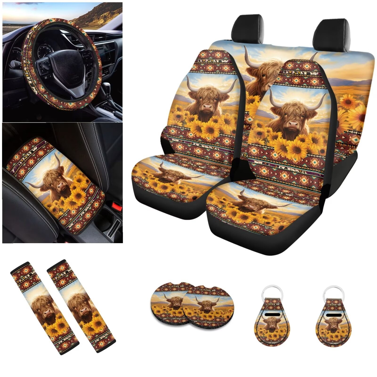 LedBack Aztec Sunflower Car Seat Covers Full Set Highland Cattle Car Front/Rear Seat Cover for Mosts Cars Van SUV Truck, 12 Pcs Steering Wheel Cover Armrest Pads Seat Belt Cover Coaster