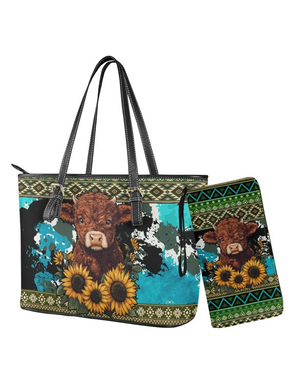 Aztec Sunflower Printed Handbag and Wallet Set Cow Print Purse and Wallet Set Leather Shoulder Handbag with Purse Top Handle Tote Bag with Matching Clutch Purse, Green and Blue