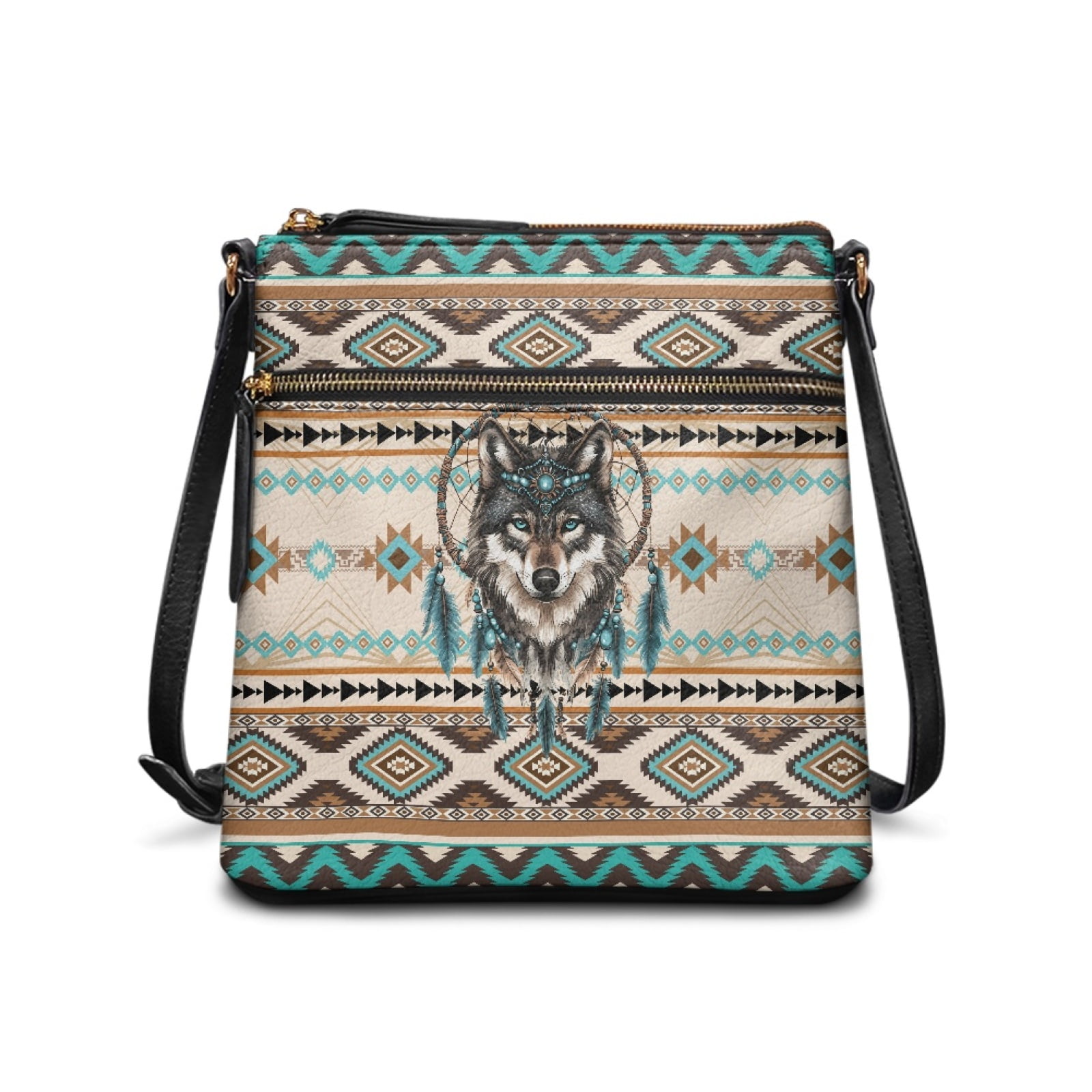 LedBack Aztec Wolf Dreamcatcher Hobo Purses for Women Medium Size Leather Crossbody Purse Bag with Adjustable Strap, Zipper Shoulder Bag Satchel Bag for Ladies for Travel Shopping, Beige