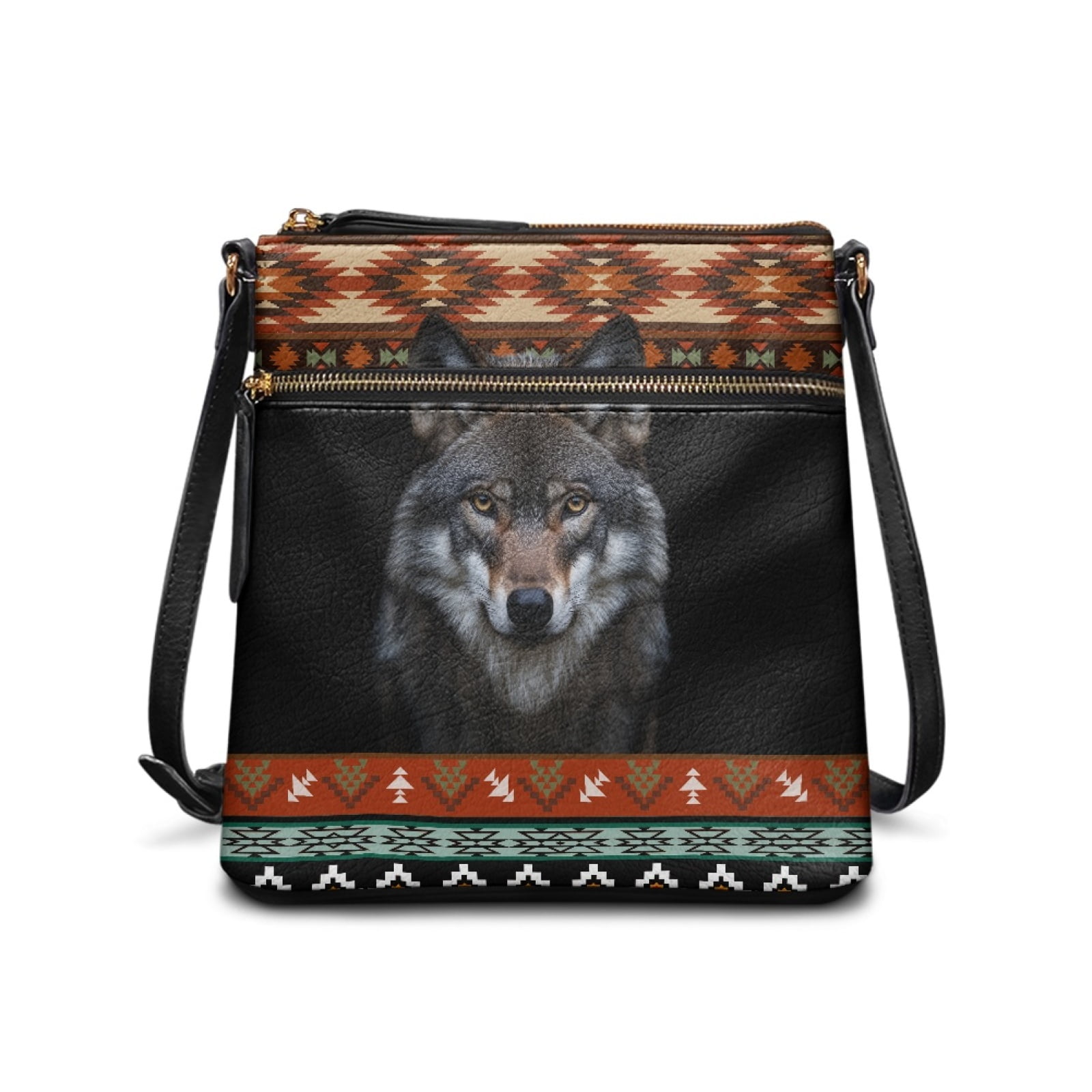 LedBack Aztec Wolf Print Crossbody Purse for Women Leather Shoulder Handbag Portable Cross Body Satchel Purse Messenger Purse for Travel Shopping, Black