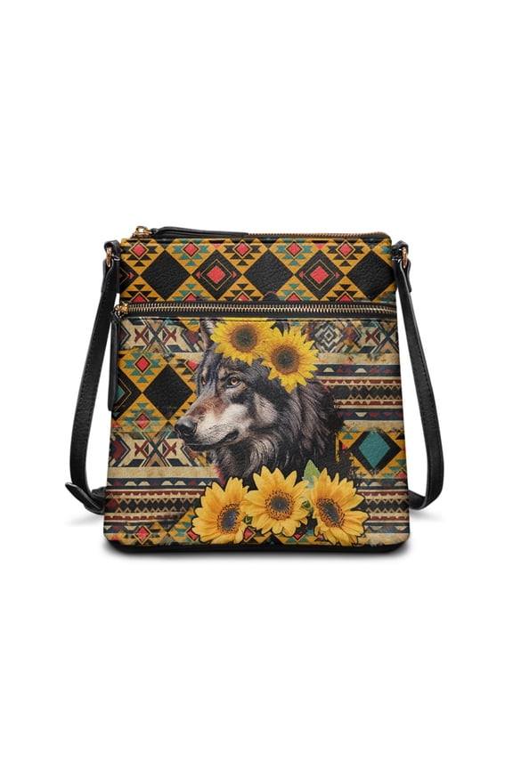 Aztec Wolf Print Leather Purse for Women Crossbody Satchel Purse Hobo Bag with Zipper Front and Back Pockets, Sling Messenger Bag with Adjustable Strap, Yellow