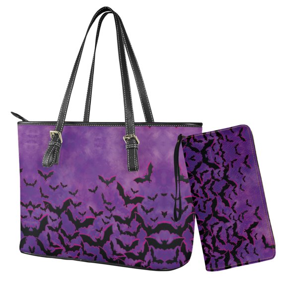 LedBack Bat Printed Handbag and Wallet Set Waterproof Top Handle Handbag Shoulder Bag with Purse Lightweight Shoulder Totes Boho Bag Portable Wallet and Purse Set, Purple