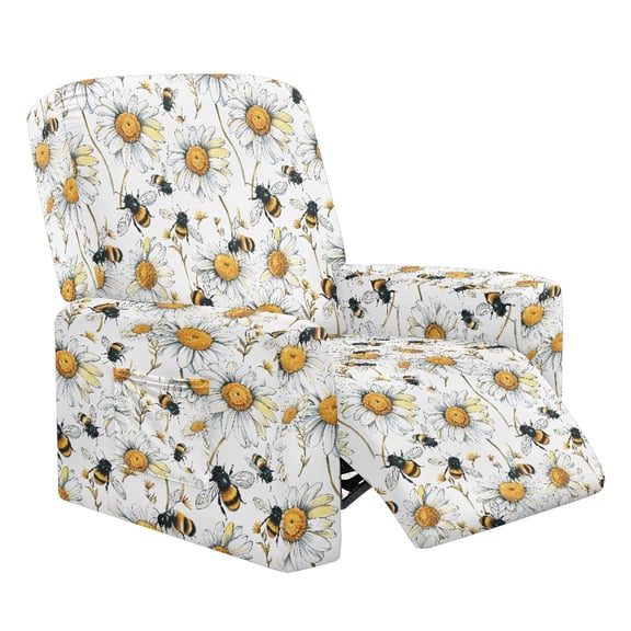 LedBack Bee Daisy Print Recliner Slipcovers 4-Pieces Lazyboy Covers Washable Stretch Lazy Boy Chair Slipcover for Living Room Fitted Sofa Couch Cover, White