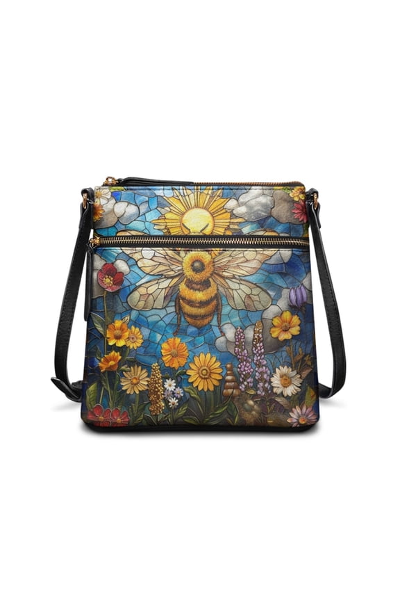 Bee Sunflower Print Leather Crossbody Hobo Purses for Women, Ladies Shoulder Bags Handbags Sling Messenger Bag Satchel Purse Shoulder Handbag, Blue and Yellow