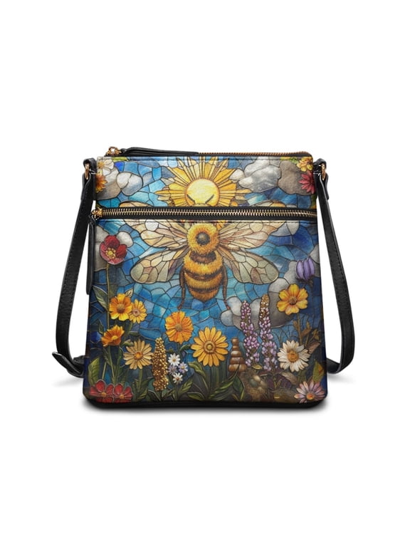 Bee Sunflower Print Leather Crossbody Hobo Purses for Women, Ladies Shoulder Bags Handbags Sling Messenger Bag Satchel Purse Shoulder Handbag, Blue and Yellow