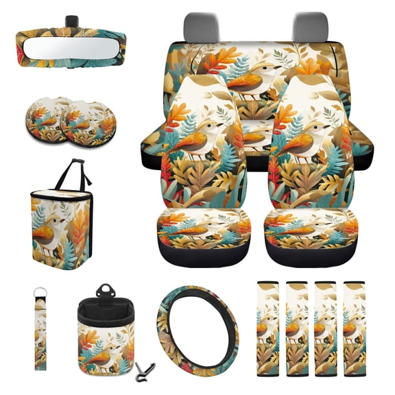 LedBack Bird Print Car Interior Cover Full Set 15Pcs Car Front and Rear Seat Covers with Steering Wheel Cover Safety Belt Pads Rear View Mirror Protector, Easy to Install