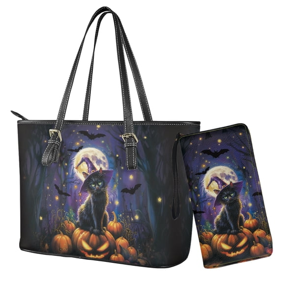 LedBack Black Cat Print Handbag and Wallet Set of 2, Bat Pumpkin Print Womens Tote Bag Top Handle Handbag and Purse Lightweight Hobo Bag Satchel Bucket Shoulder Purse, Purple