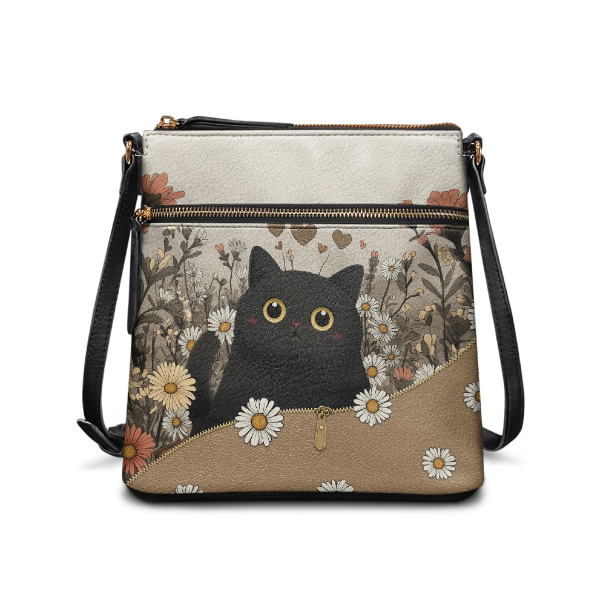 LedBack Black Cat Print Satchel Bags for Women Crossbody Purses for Ladies, Daisy Printed Leather Hobo Bag Shoulder Handbag Purse with Adjustable Strap for Shopping Travel Work, Brown