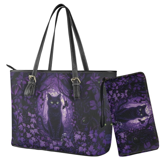 LedBack Black Cat Print Top Handle Purses Set for Women Gothic Leather Handbag and Wallet Set Zipper Totes Bucket Handbag Saddle Purse for Shopping Walking