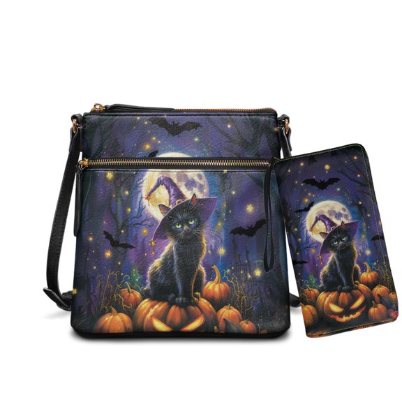 LedBack Black Cat Printed Shoulder Handbag Set for Halloween 2 Pcs Bat Pumpkin Printed Purse and Wallet Set Crossbody Messenger Purse with Leather Clutch, Purple