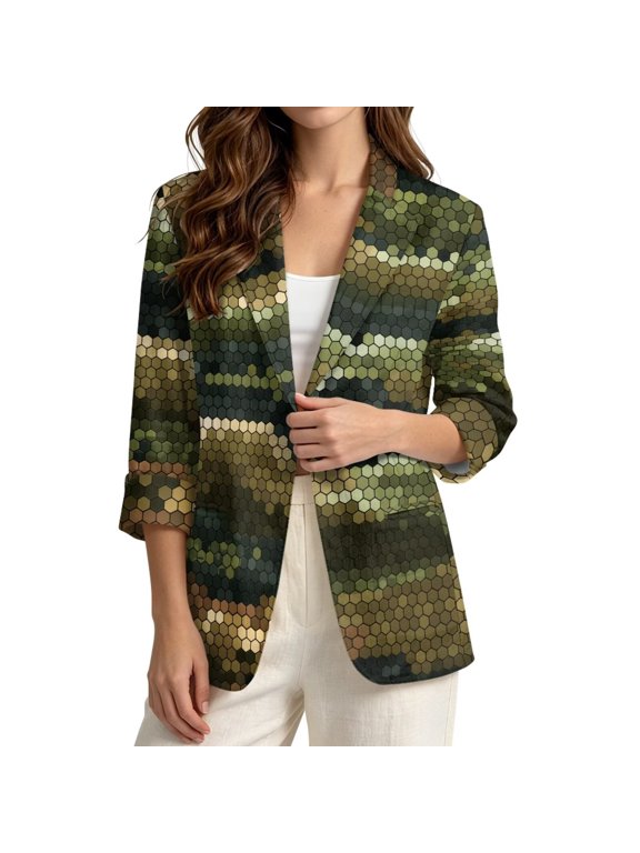 Blazers for Women Abstract Pattern Suit Blazer with Pocket Linen-Style Suit Blazer Jacket for Summer Autumn, 2XL