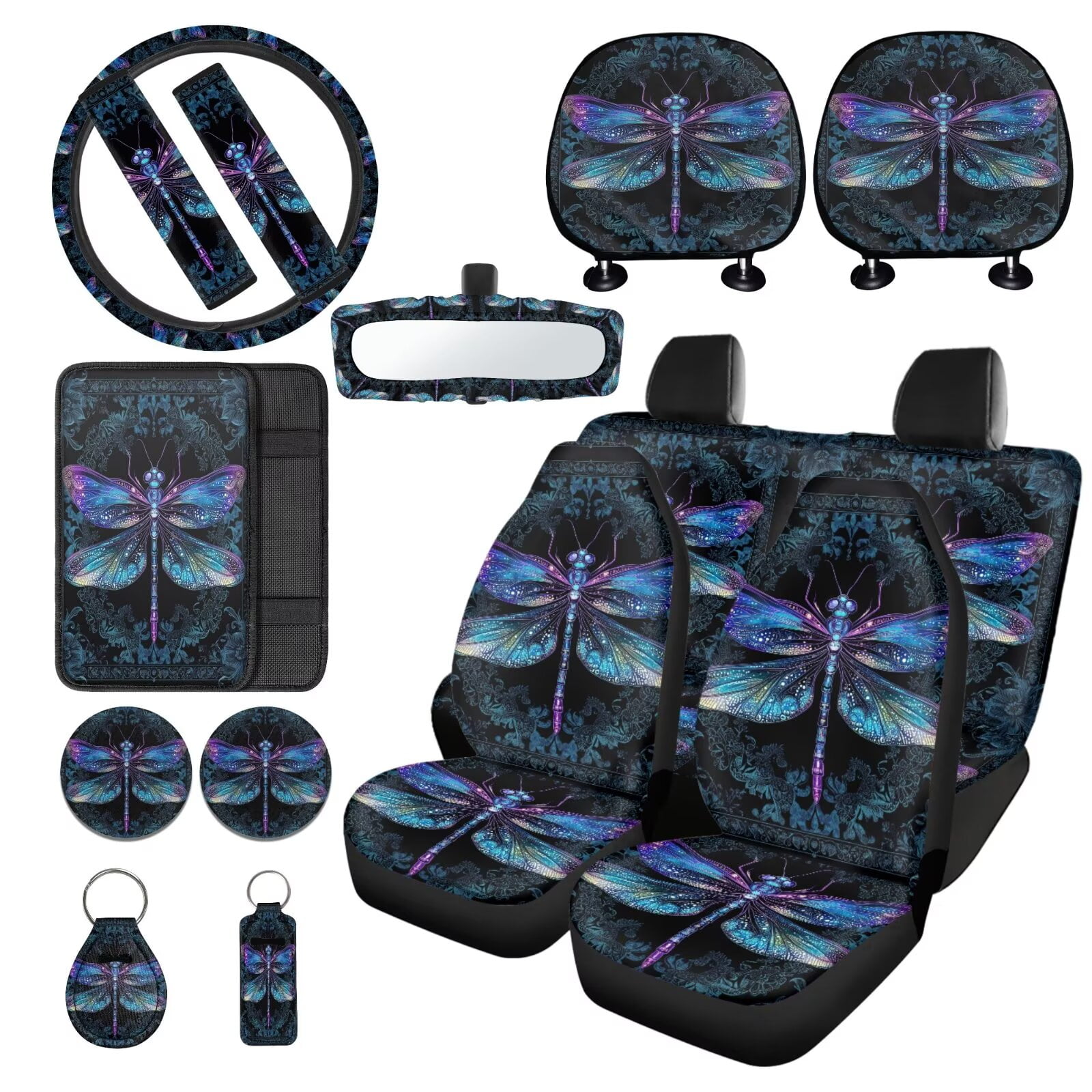 LedBack Boho Dragonfly Printed Car Seat Covers Full Set Steering Wheel Cover Seat Belt Cover Armrest Pad Cup Mat Keychain Head Rest Covers for Car, Rear Front Seat Protector Car Accessories Set