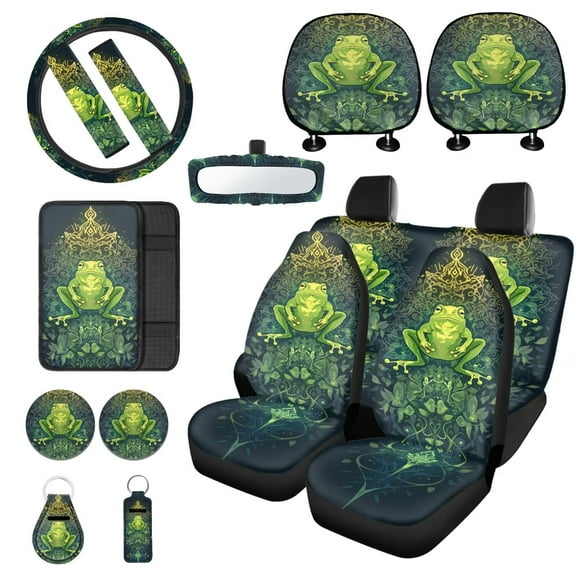 LedBack Boho Frog Printed Car Seat Covers Full Set Steering Wheel Cover Seat Belt Cover Armrest Pad Cup Mat Keychain Head Rest Covers for Car, Rear Front Seat Protector Car Accessories