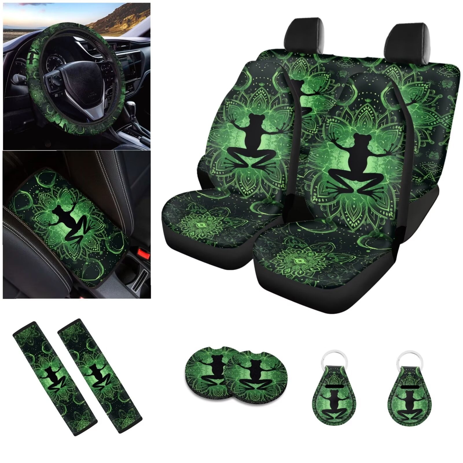LedBack Boho Frog Printed Car Seat Covers Full Set for Women Men, Neoprene Steering Wheel Cover Seatbelt Front Rear Seat Backrest Bottom Universal Fit Most Vehicles Easy to Install