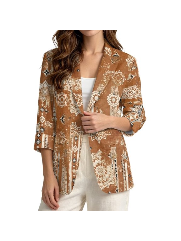Boho Mandala Flower Print Blazers for Women 3/4 Sleeve & 1 Button Suit Blazer Jacket Lightweight Slim Fit Suit Jacket with Side Pocket, XL