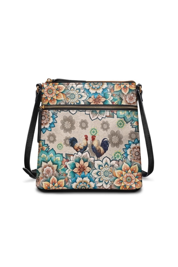 Boho Mandala Rooster Print Shoulder Zipper Bag Portable Crossbody Bags for Women Satchel Purse with Multi Pocket, Medium Size Messenger Purse, Green and Orange