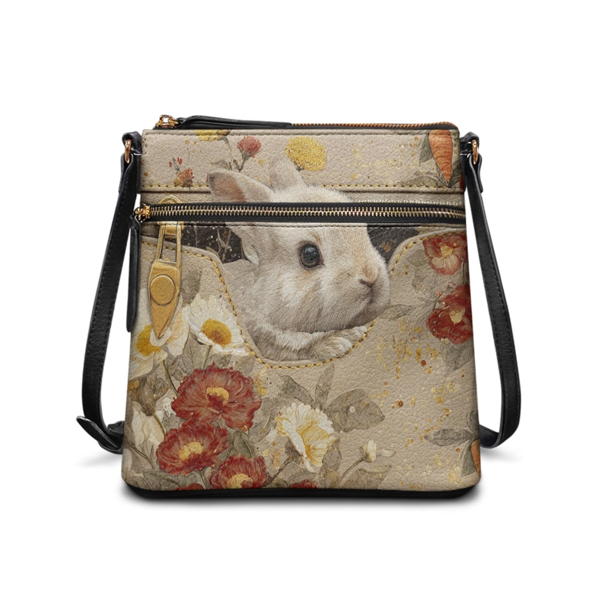 LedBack Bunny Floral Print Crossbody Purses for Women Satchel Bag Leather Hobo Bags Medium Size Shoulder Handbag Purse Messenger Bag with Adjustable Strap, Beige