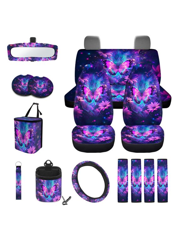 Butterfly Daisy Print Automotive Seat Covers & Accessories Full Set 15Pcs High Back Front and Rear Split Bench Seat Cover for Truck Sedan SUV Van, Car Interior Decor for Women