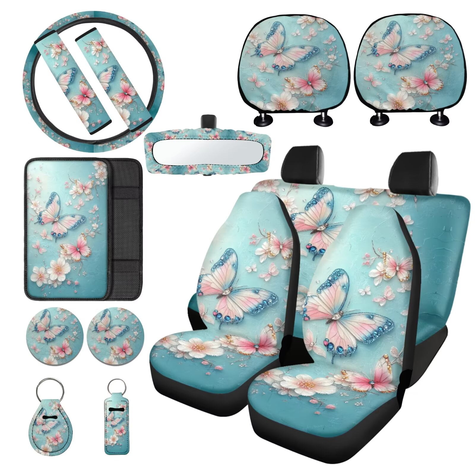 LedBack Butterfly Floral Printed Car Seat Covers Full Set Steering Wheel Covers Car Seat Belt Pads Armrest Pad Covers Car Mirror Accessories for Women Men, 15 Pcs Car Accessories, Blue