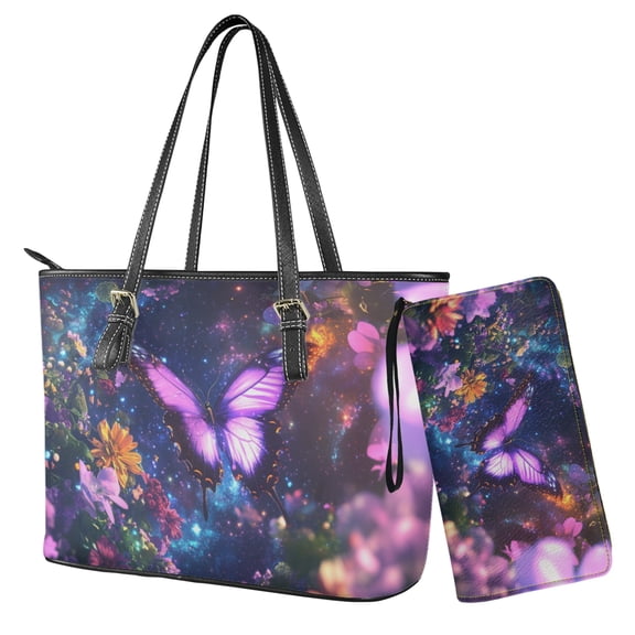 LedBack Butterfly Floral Top Handle Purses Set for Women Leather Handbag and Wallet Set Zipper Totes Bucket Handbag Saddle Purse for Shopping Walking, Purple